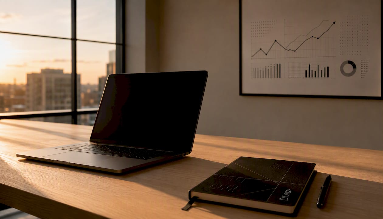 Bureau épuré avec ordinateur portable et graphiques de suivi SEO