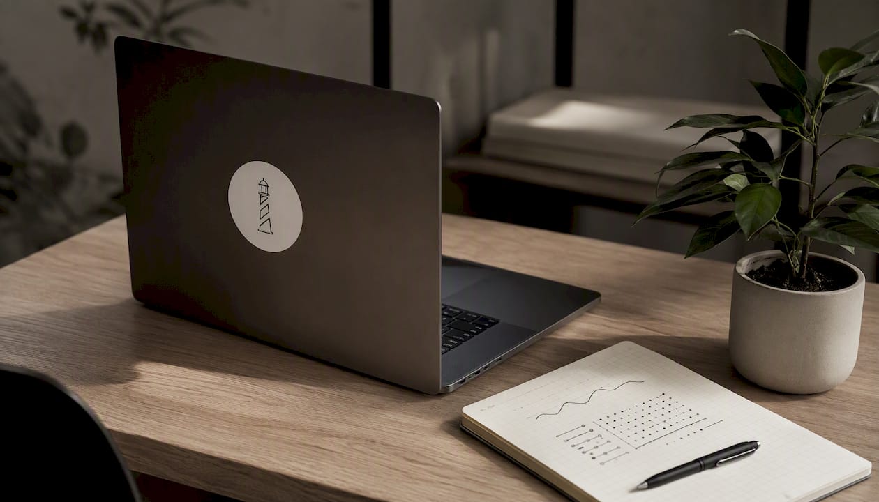 Un espace de travail minimaliste agrémenté d’étagères et de touches décoratives en papier.