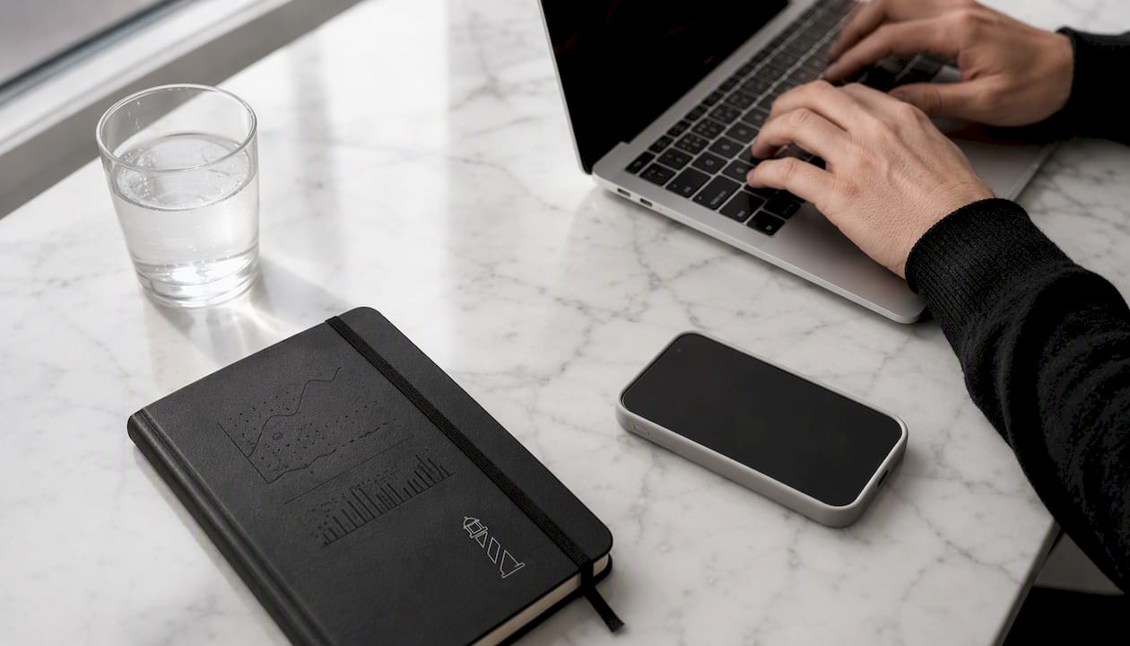 Des mains s’activent sur un clavier, accompagnées d’un carnet de croquis à portée de main.