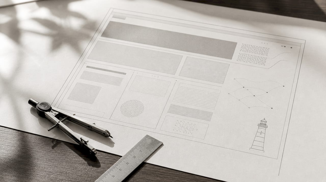 Zoom sur un plan d’architecture du site imprimé sur papier