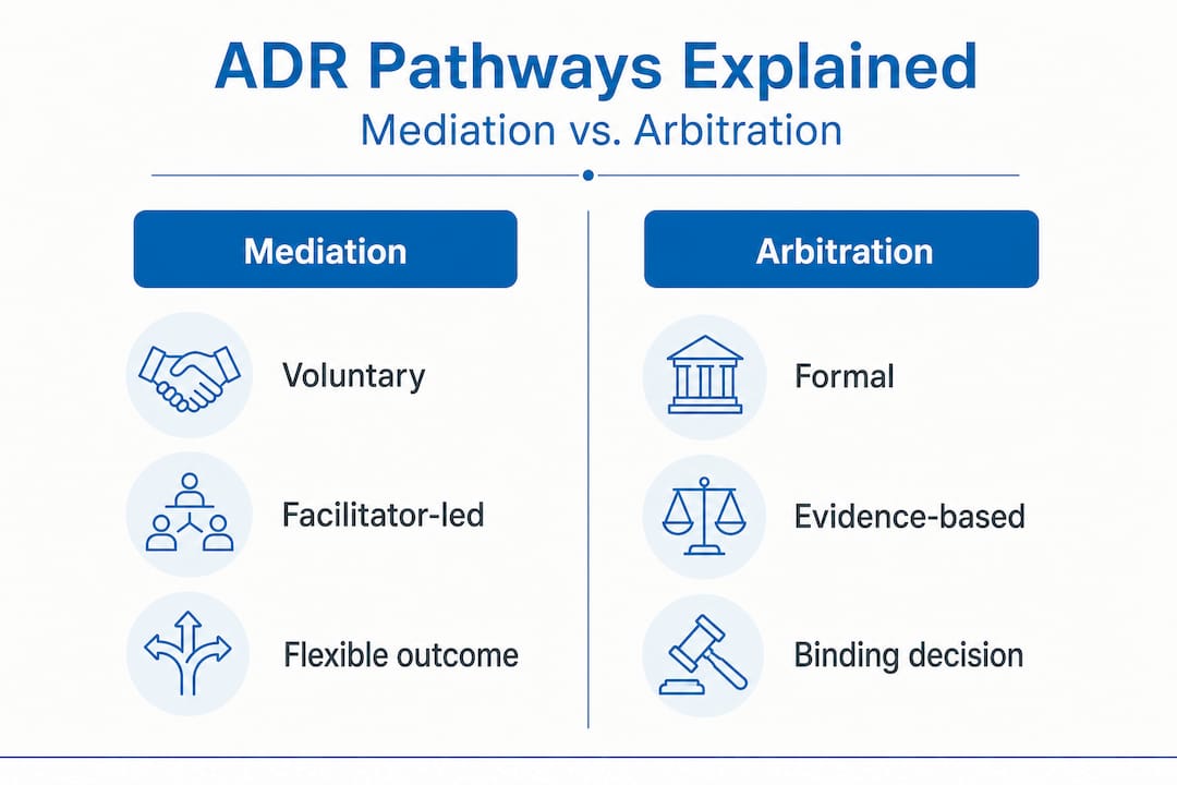 Infographic showing mediation versus arbitration comparison