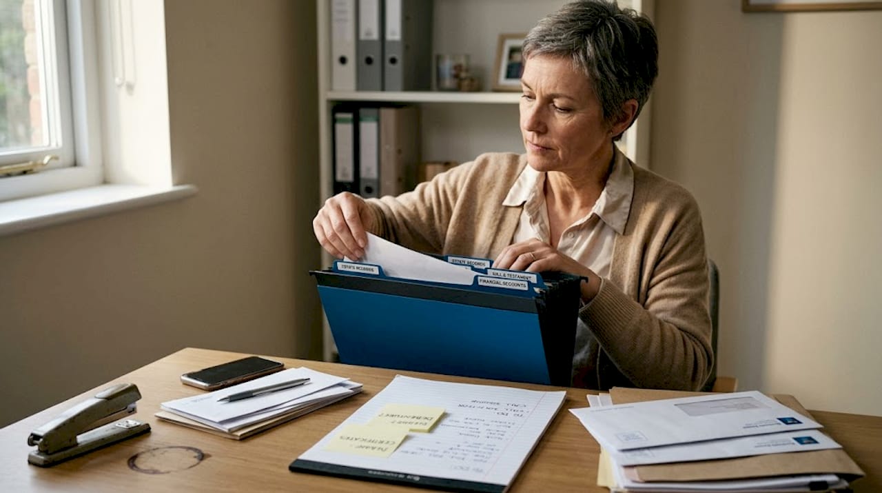 Executor organizing estate documents in home office