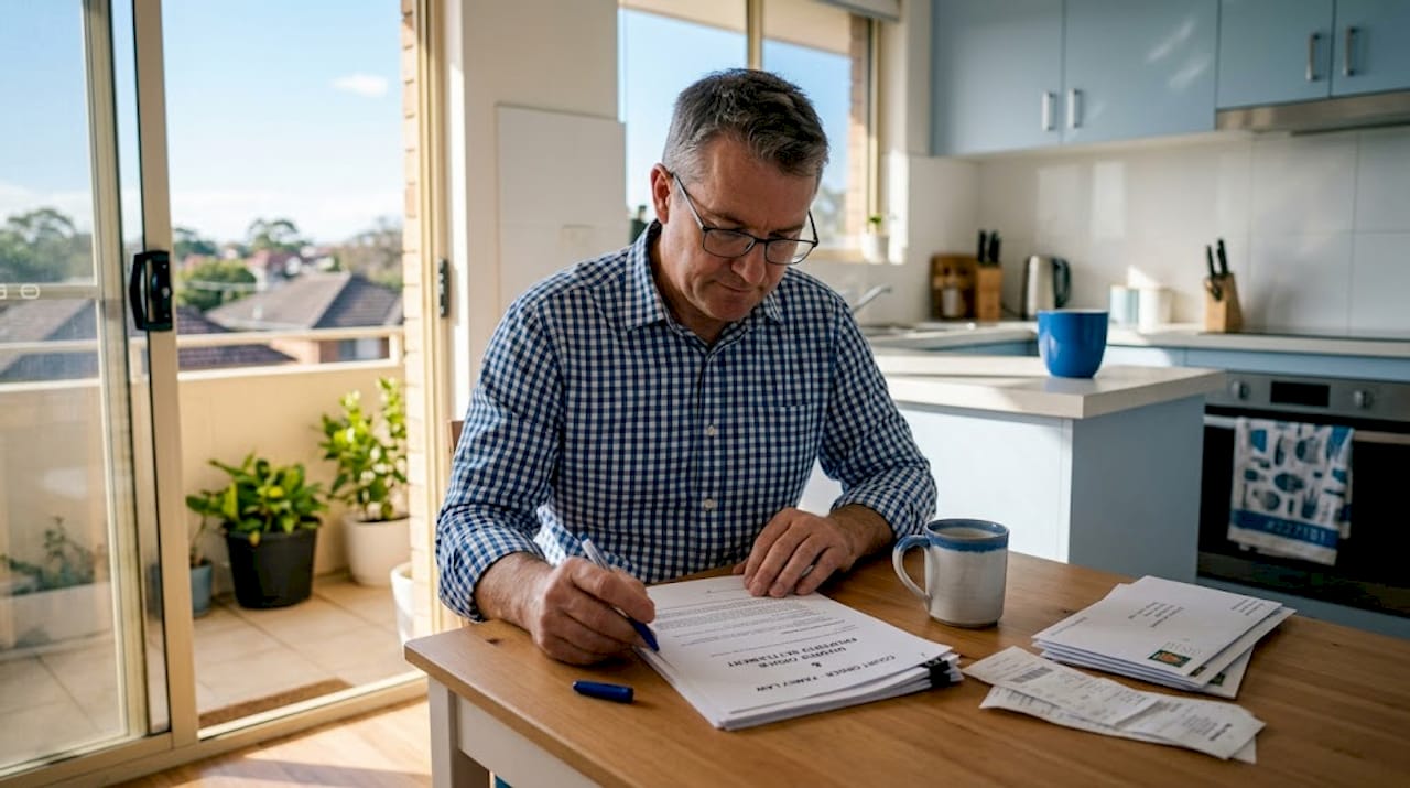 Man reviewing divorce documents at kitchen table