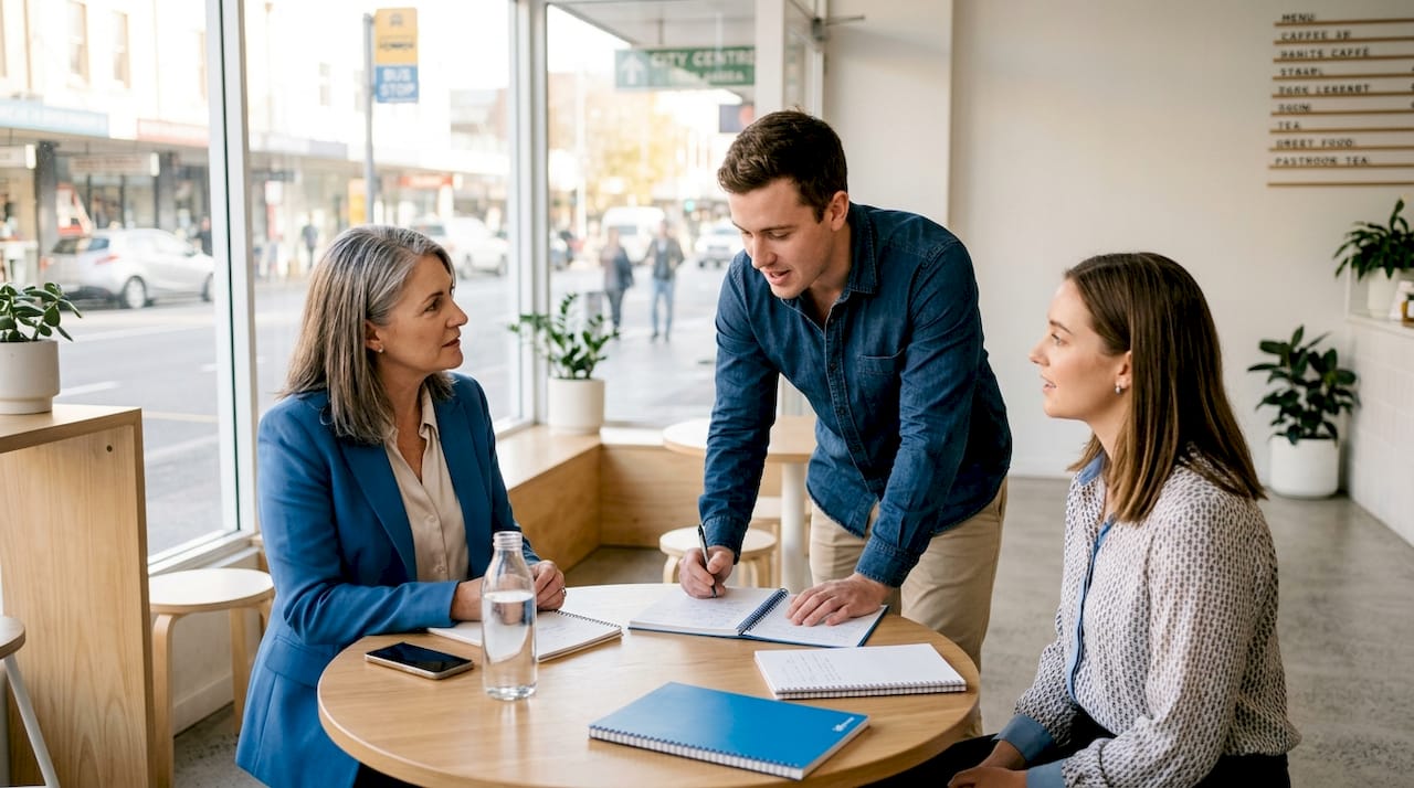 Property mediation session in glass-walled room