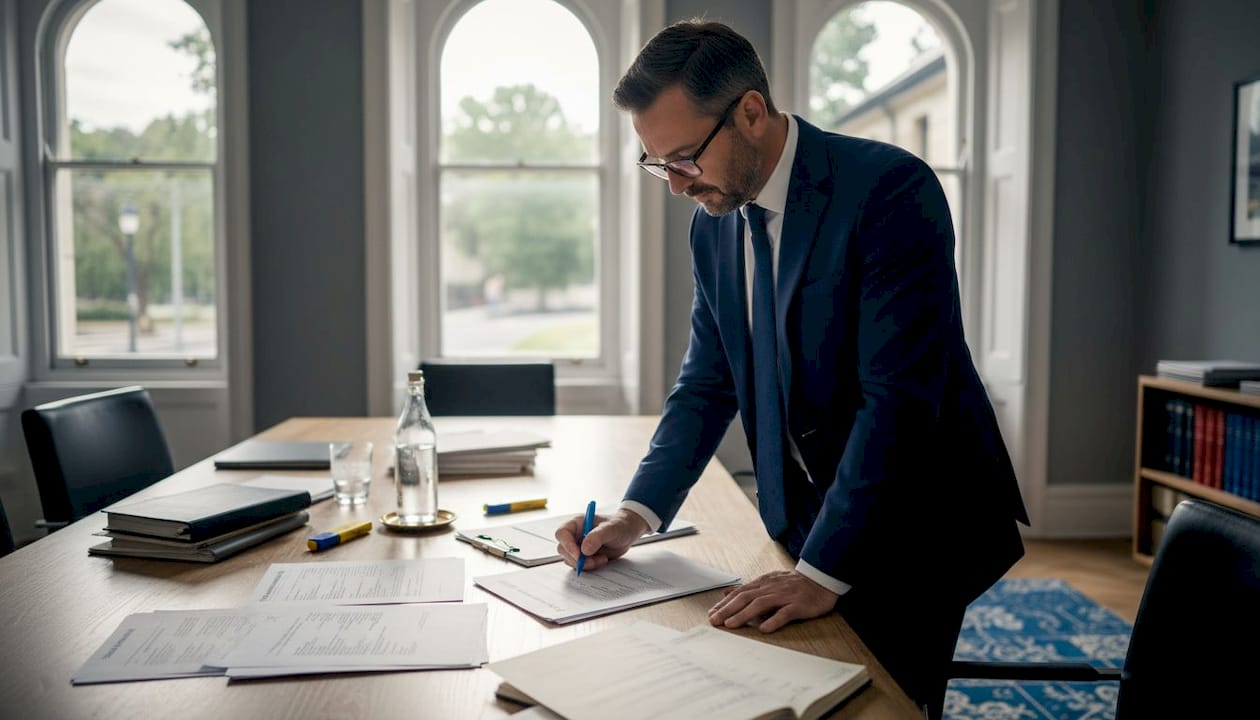 Solicitor reviewing property agreement paperwork