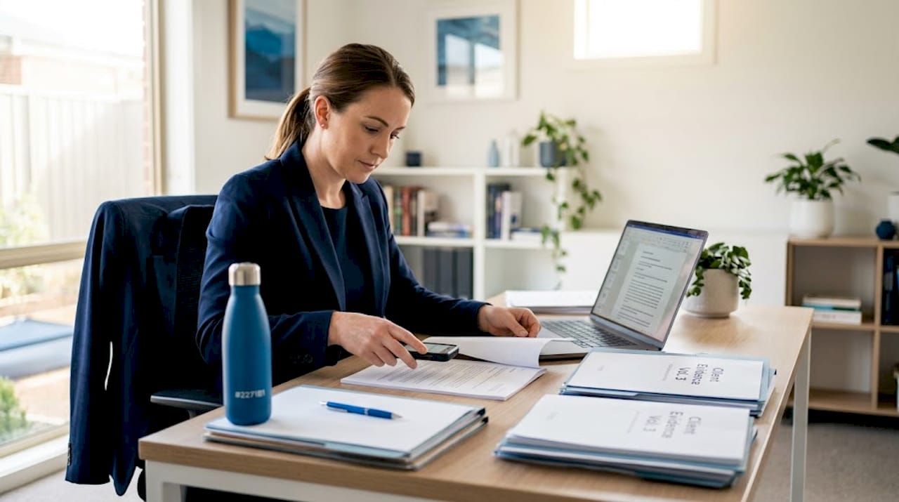 Paralegal reviewing evidence documents workspace