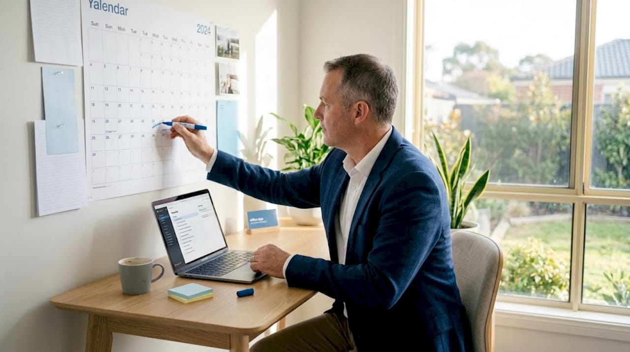 Man updating timeline calendar in office