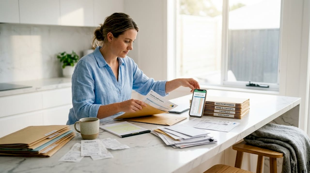 Woman organizing claim documents on sofa