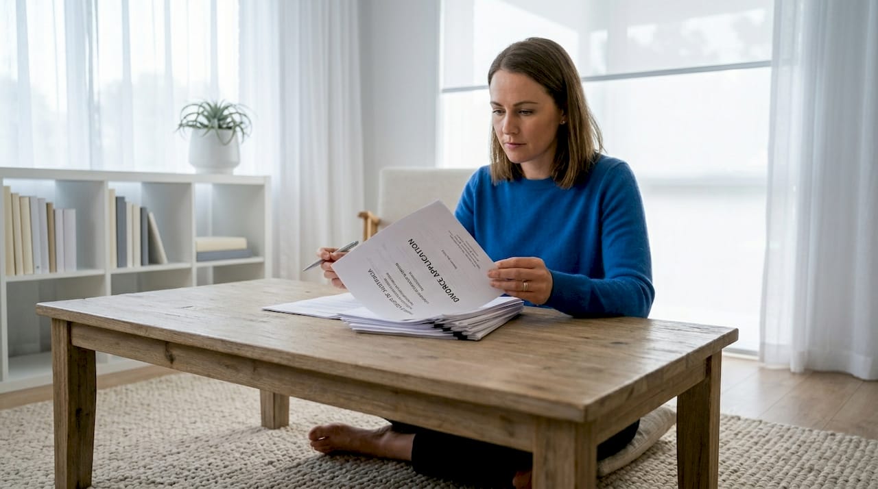 Woman reviewing divorce documents at home