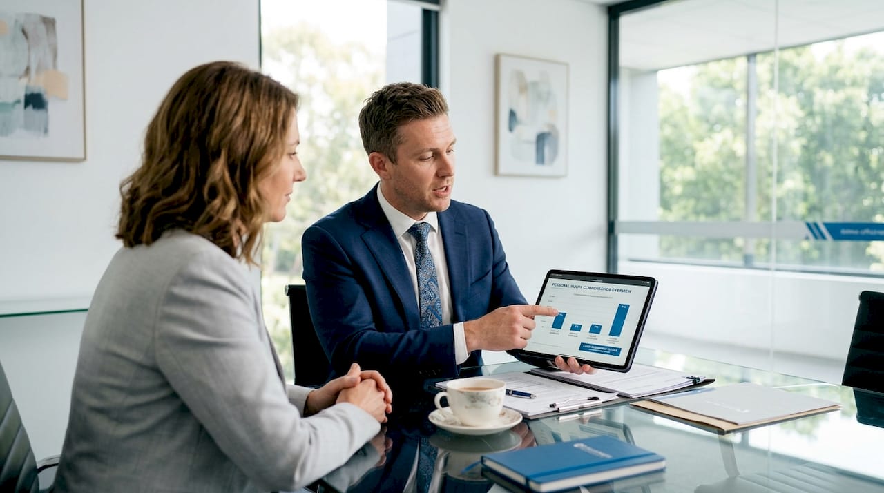 Solicitor reviews injury compensation chart with client