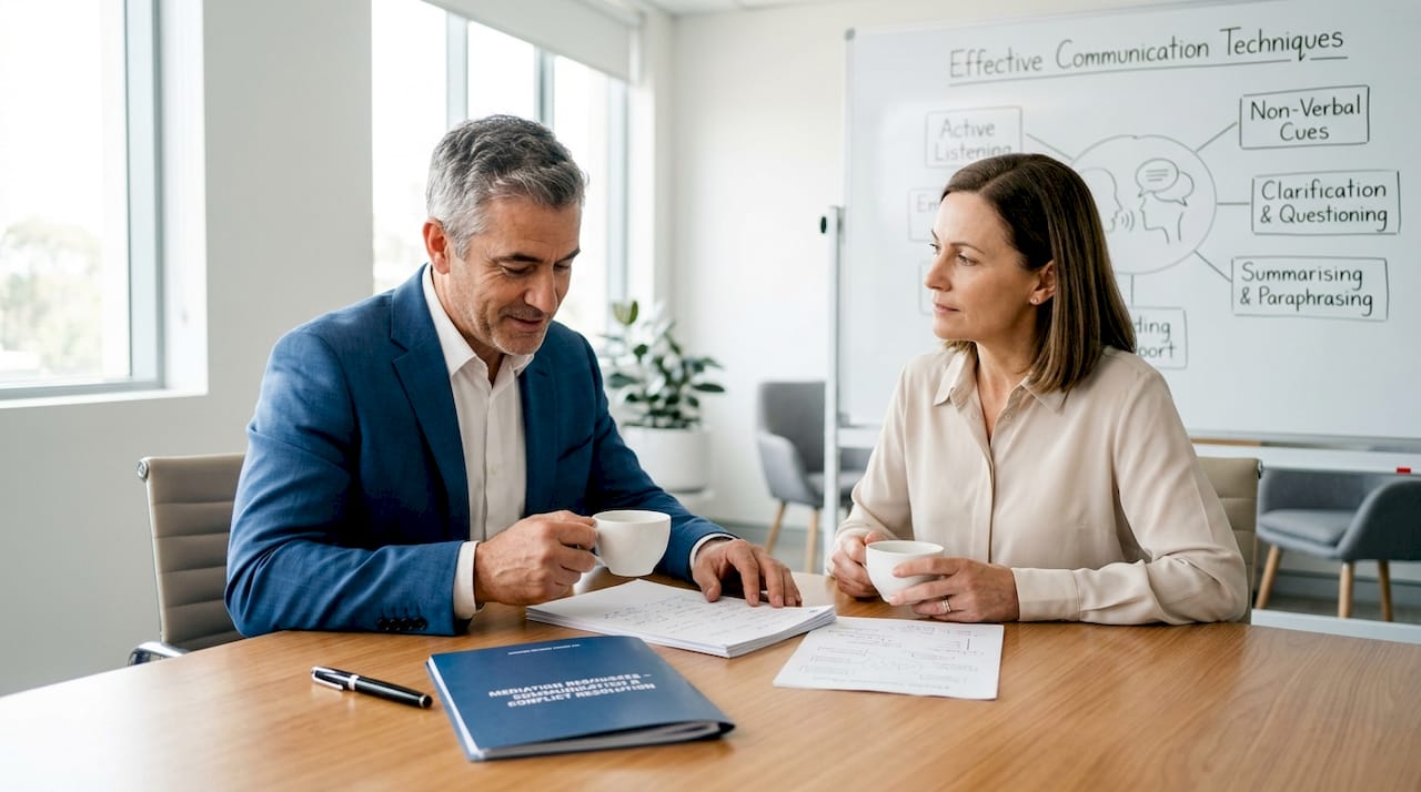 Colleagues resolving conflict with mediator help