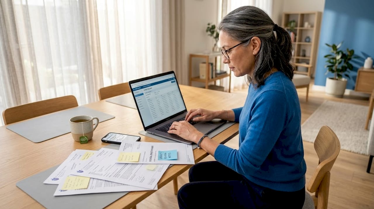 Woman organizing medical documents at home
