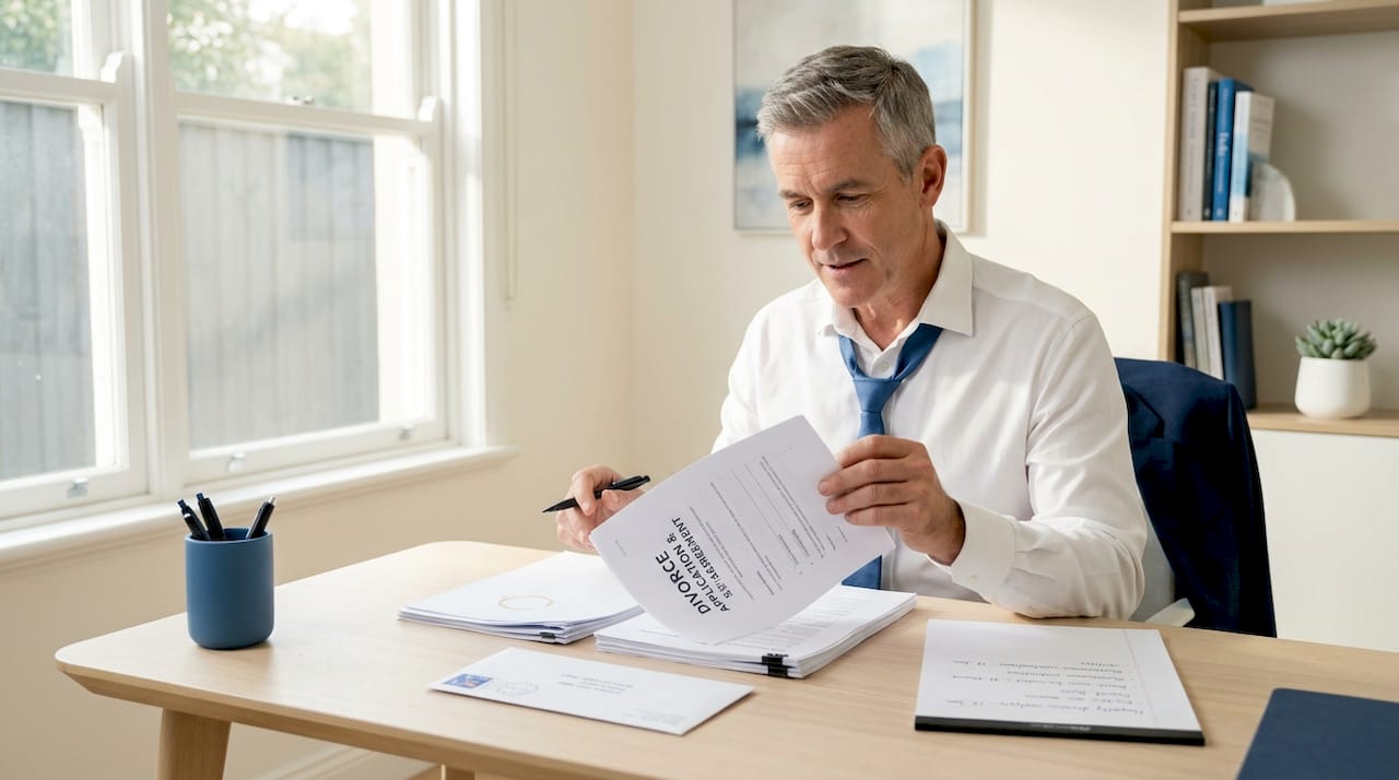 Man reviews divorce papers at legal office desk