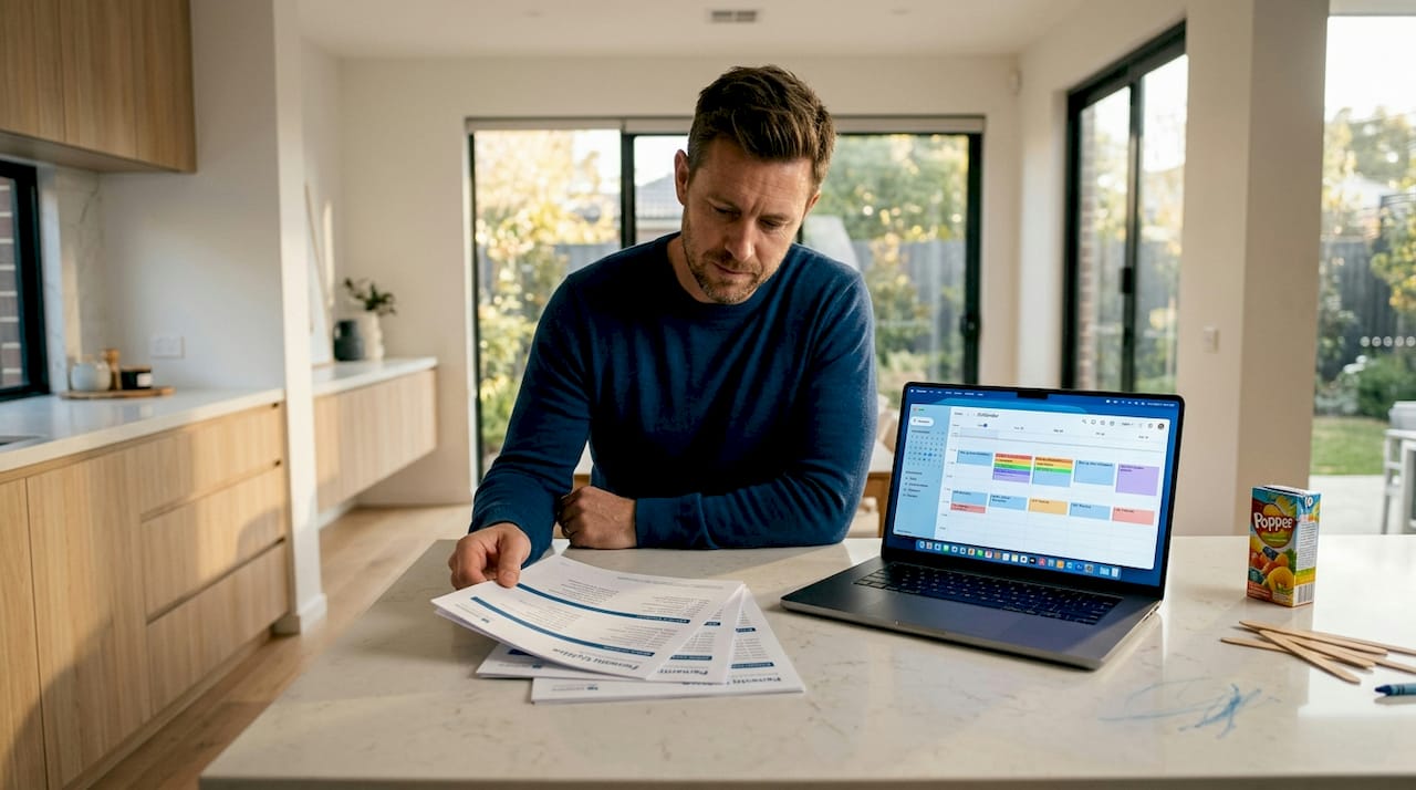 Parent reviews parenting plan at kitchen table