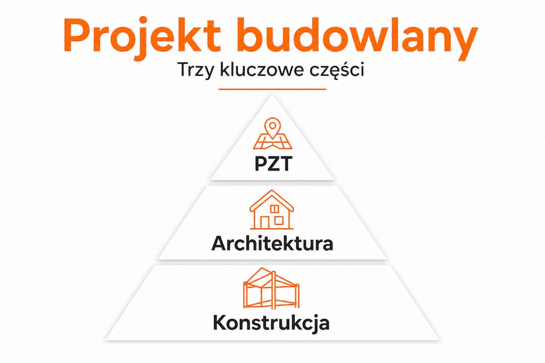 Schematyczna grafika przedstawiająca trzy kluczowe etapy projektu budowlanego