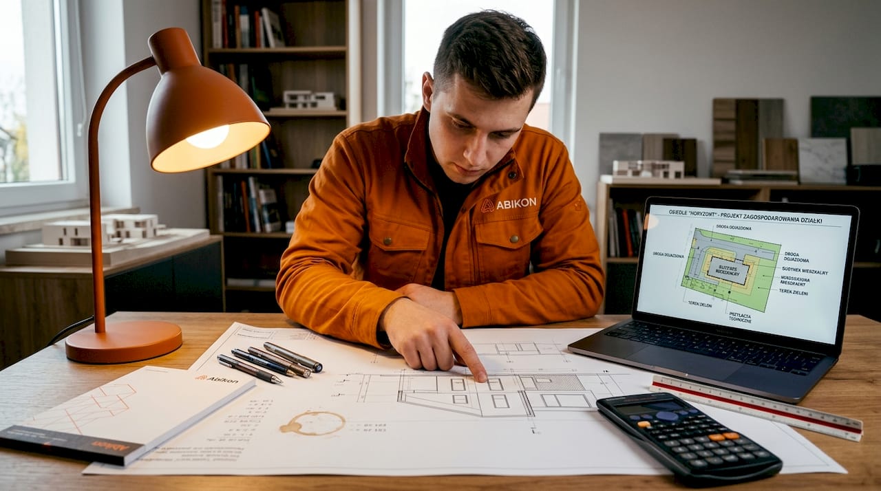 Technik szczegółowo zapoznaje się z dokumentacją techniczną projektu budowlanego, analizując wszystkie rysunki i schematy.