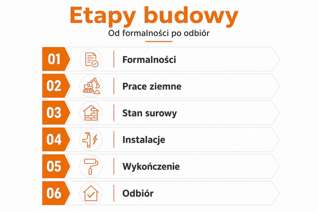 Infografika przedstawiająca kolejne etapy budowy domu