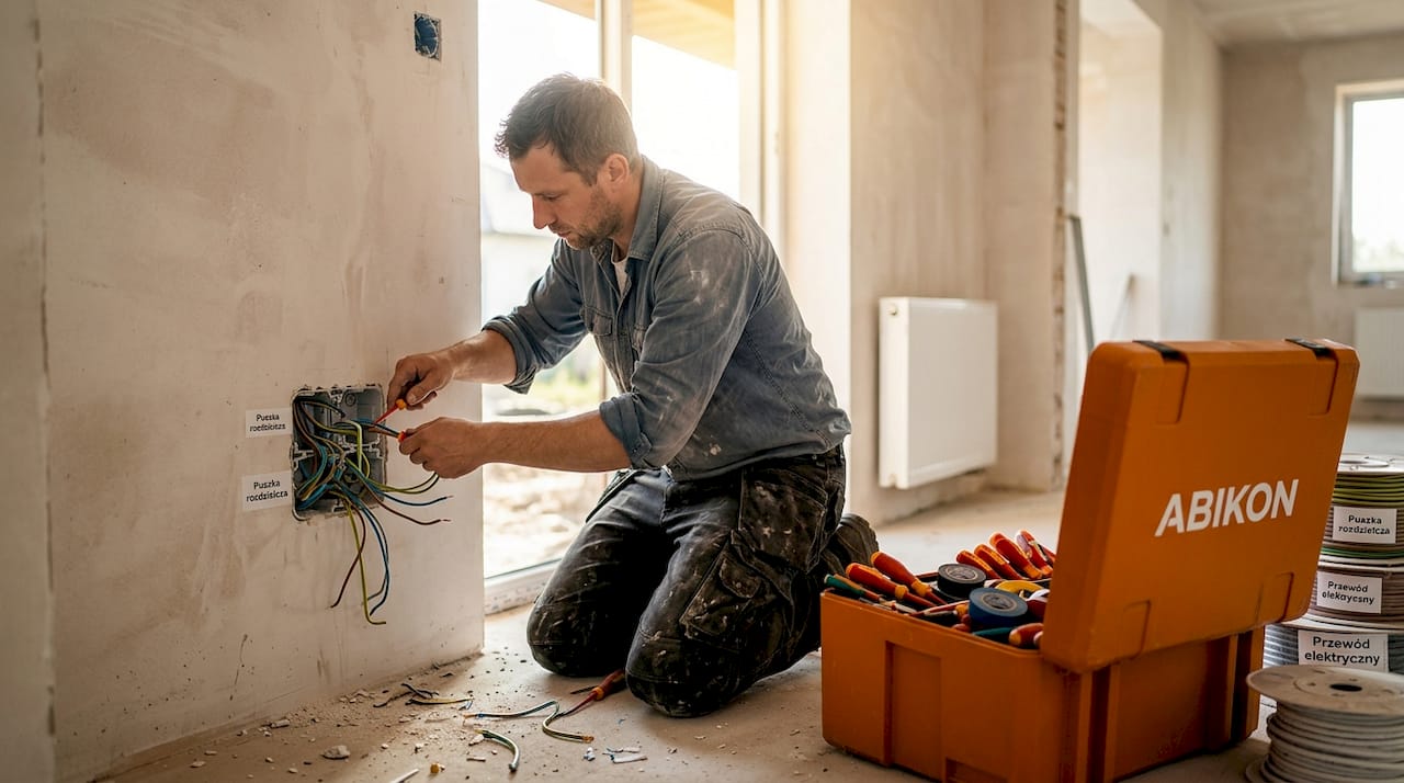 Elektryk montuje instalację elektryczną w nowo budowanym domu.