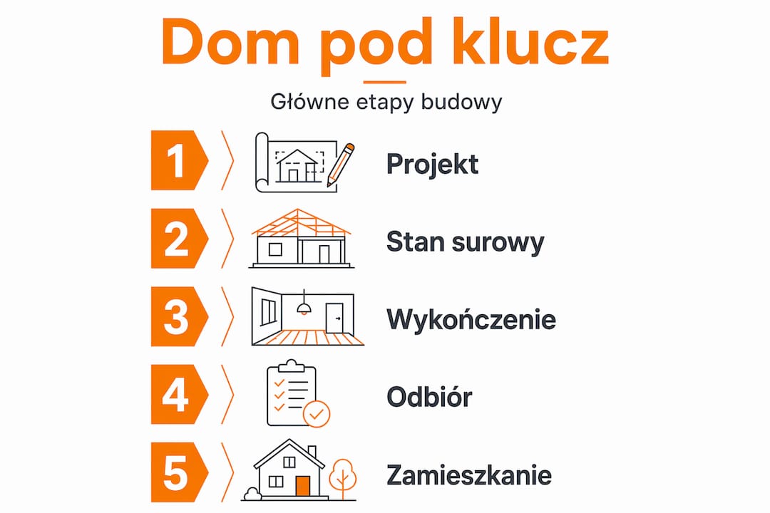 Grafika przedstawiająca najważniejsze kroki w procesie budowy domu do zamieszkania