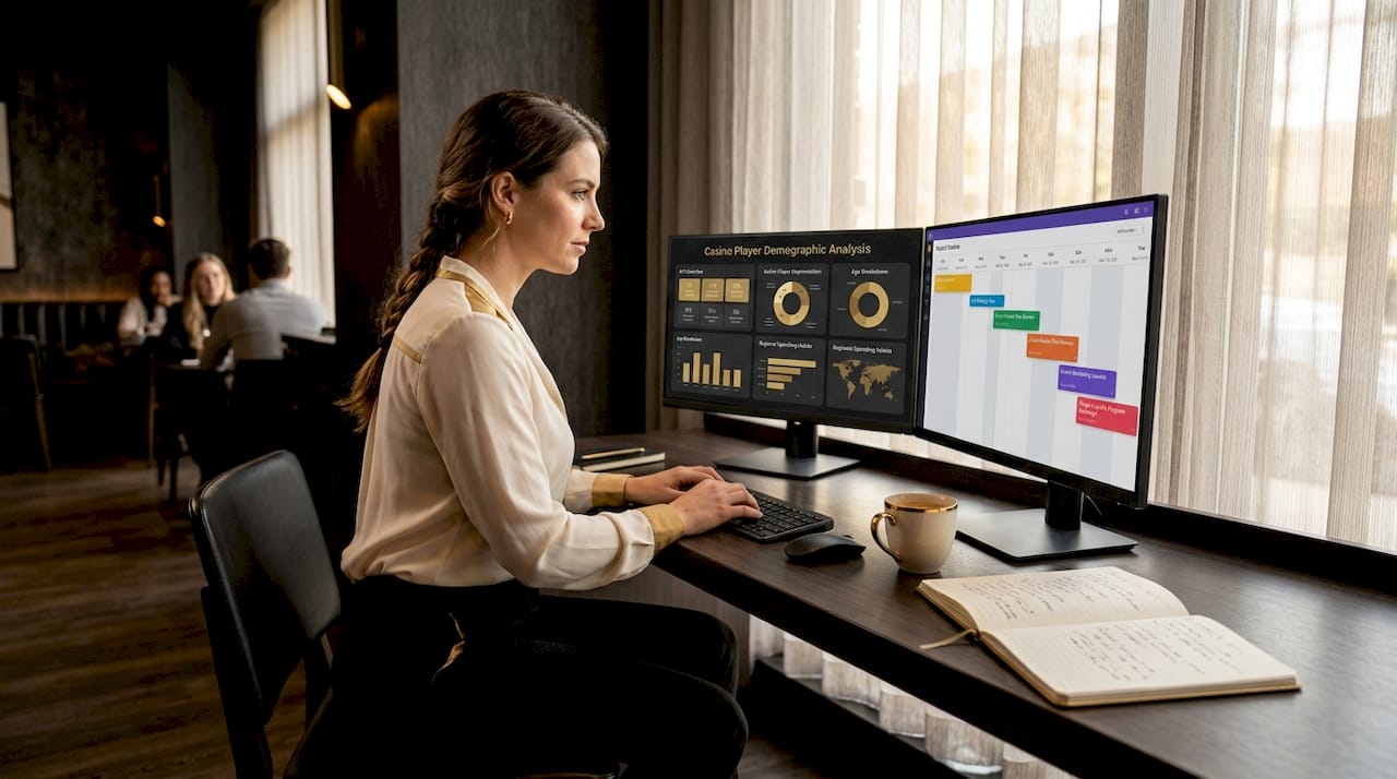 Strategist analyzing casino player data at desk