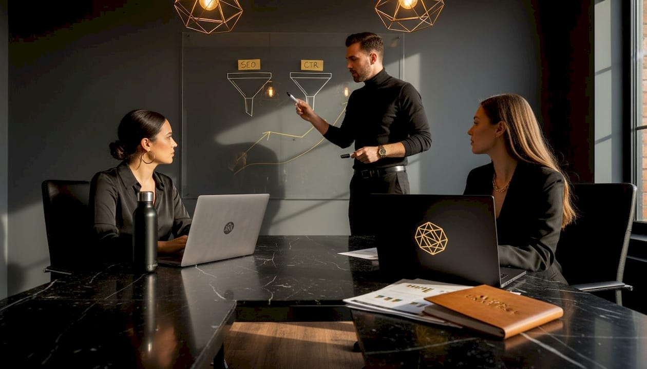 Content marketers brainstorming around whiteboard