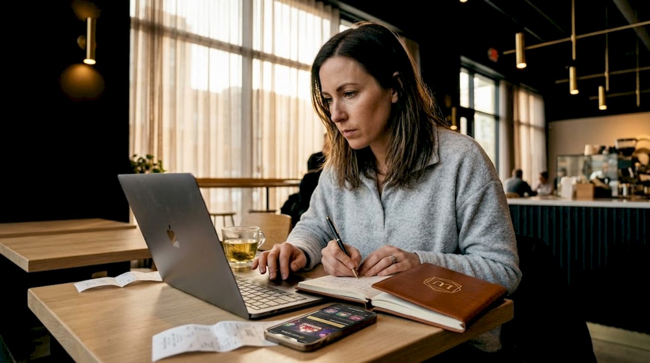 Woman checks online casino trust signals at kitchen table