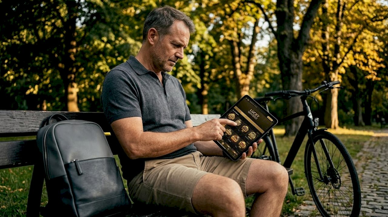 Man closely examines trust badge on tablet outdoors
