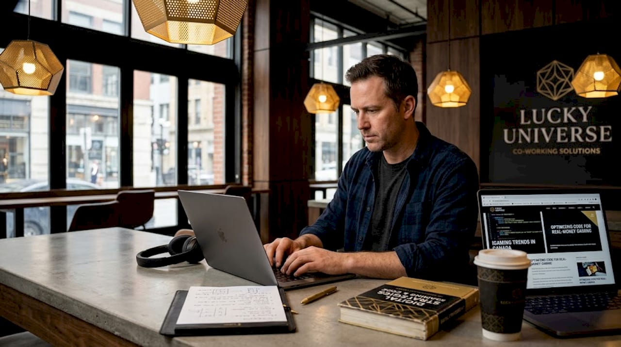 Man reviewing iGaming content in office cubicle