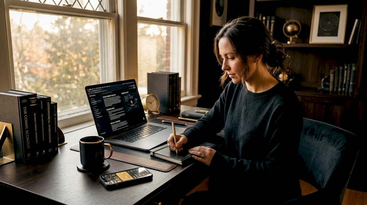 Home office scene with woman optimizing content