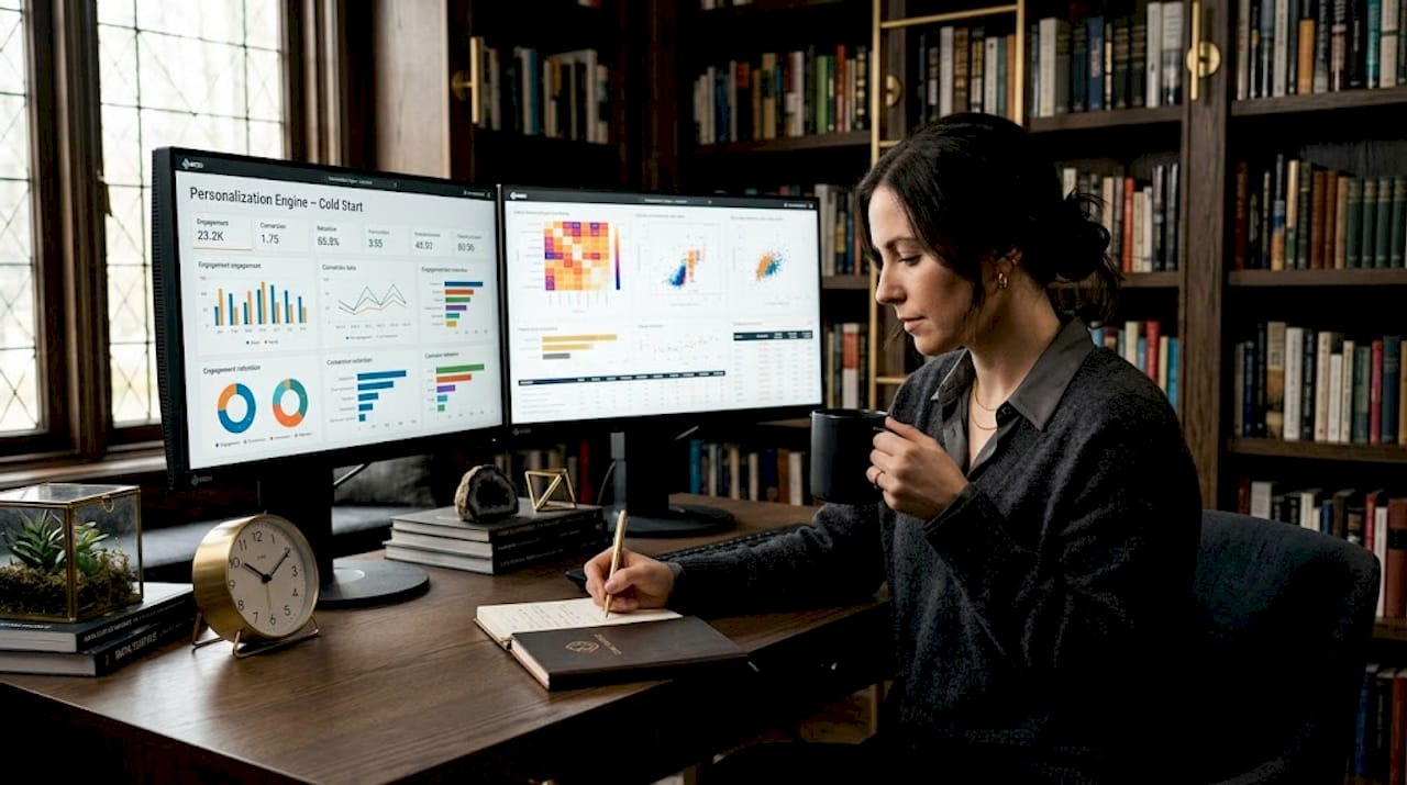 Analyst reviewing AI personalization dashboard at desk
