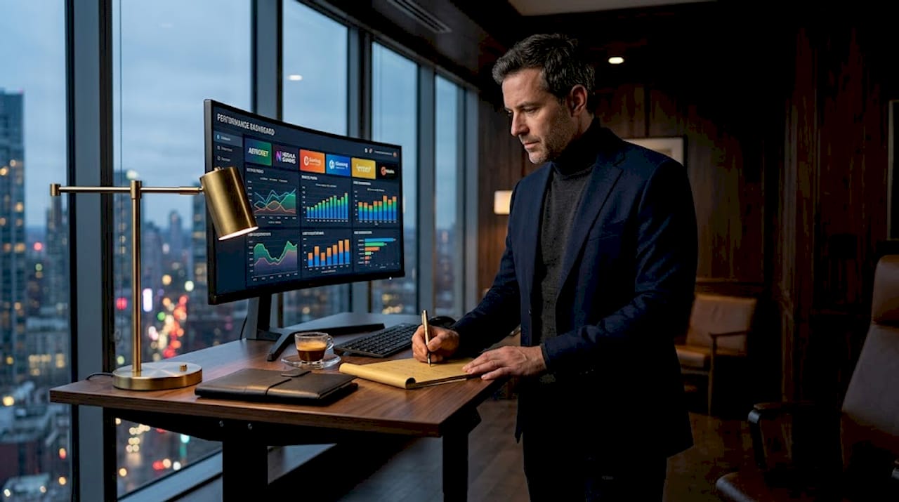 iGaming executive reviews dashboard in downtown office