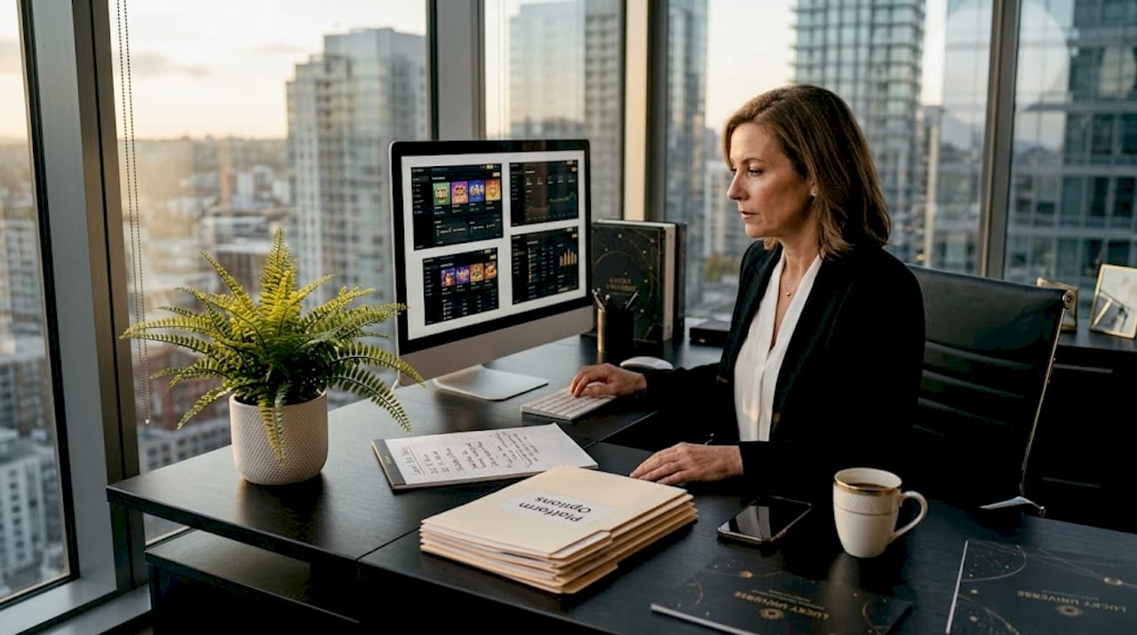 Businesswoman reviewing casino platform dashboards