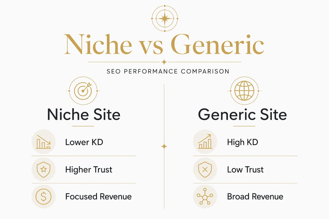 Infographic comparing niche and generic site metrics