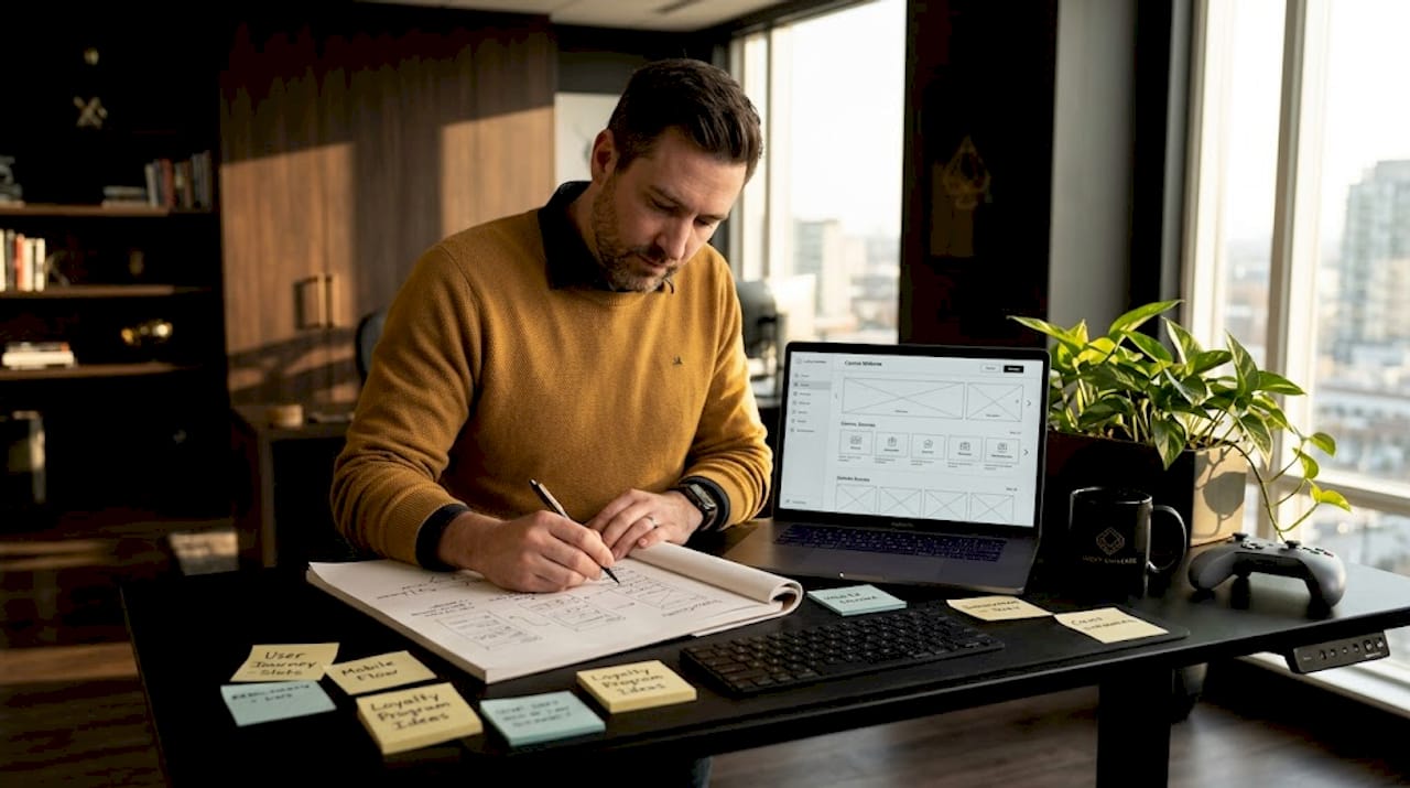 UX designer sketching igaming website flows