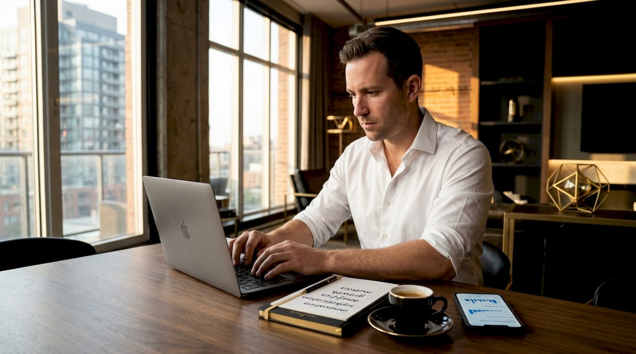 iGaming journalist working at city apartment table