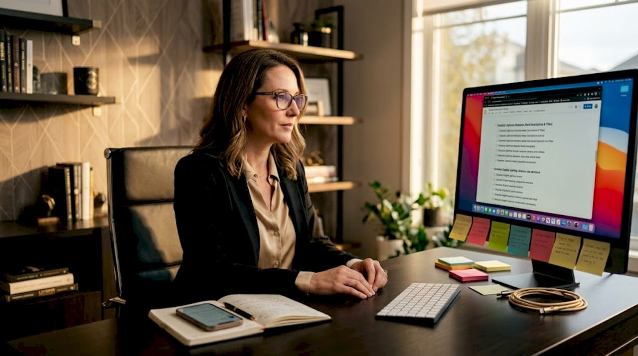 Woman performing SEO audit at home workspace
