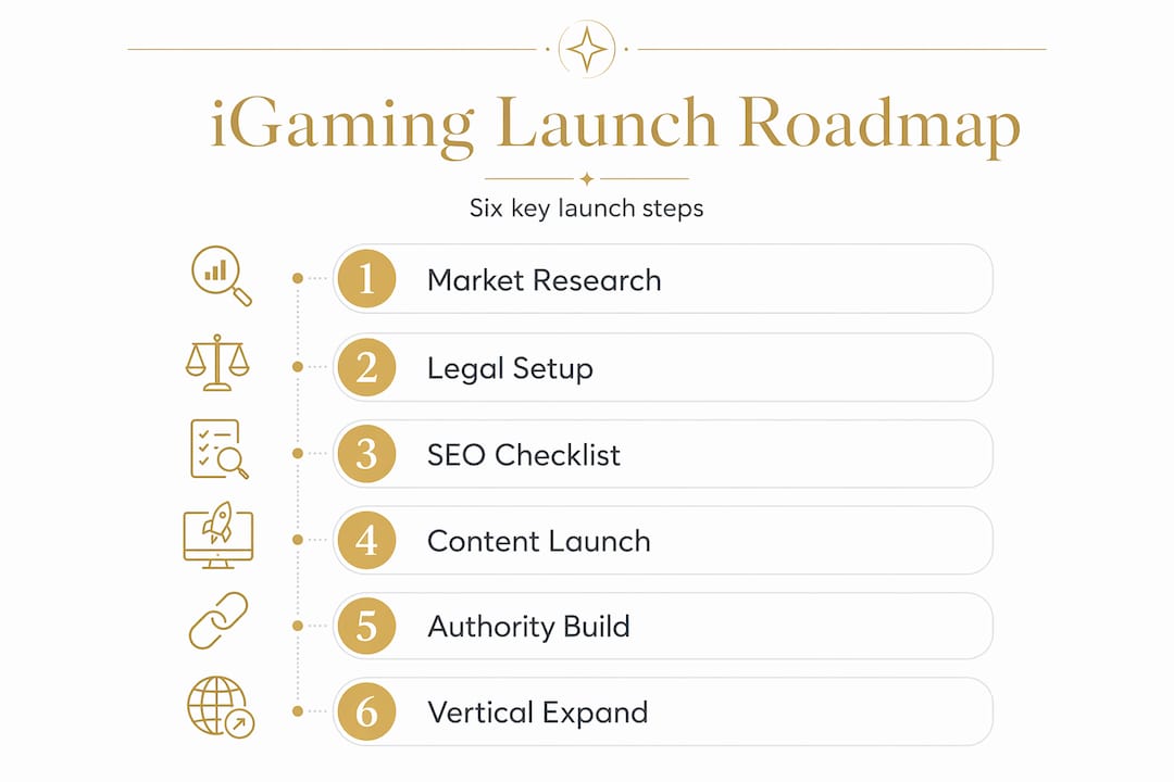 Vertical infographic of six iGaming launch steps