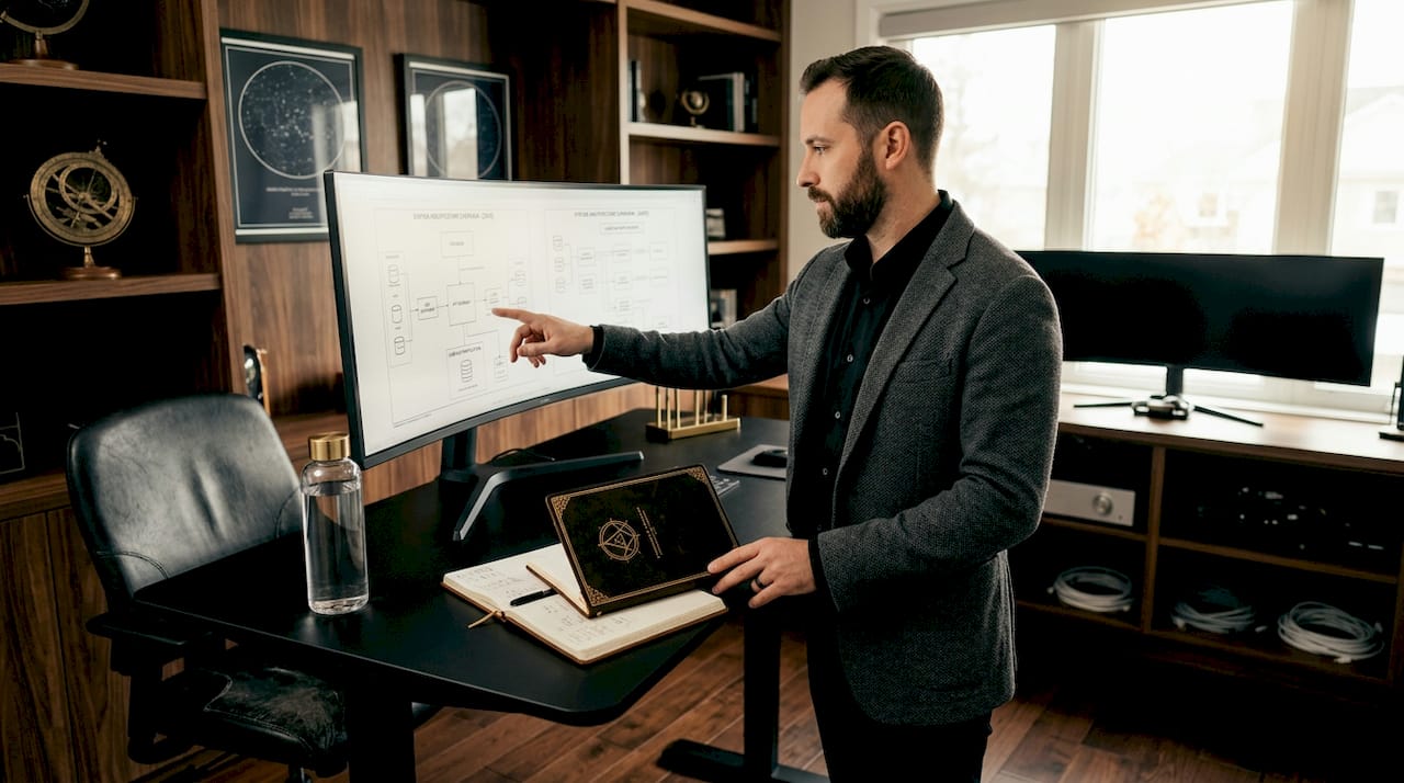 Manager reviewing AI platform diagrams workspace