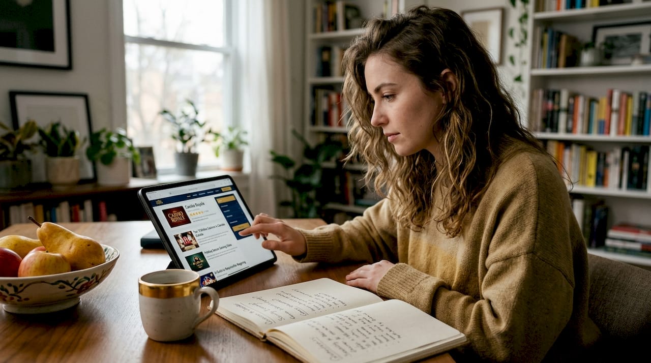 Woman reading casino site review on tablet