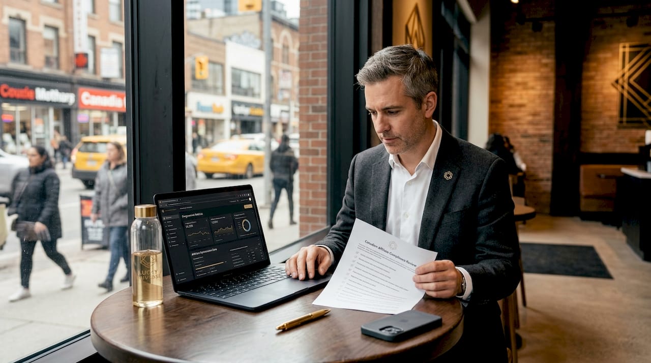 Affiliate manager reviewing compliance checklist in office
