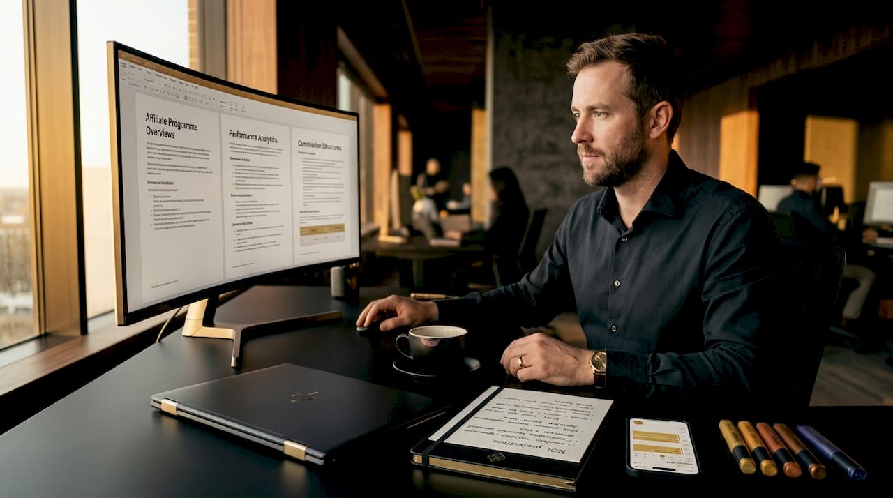 Affiliate marketing manager at desk working