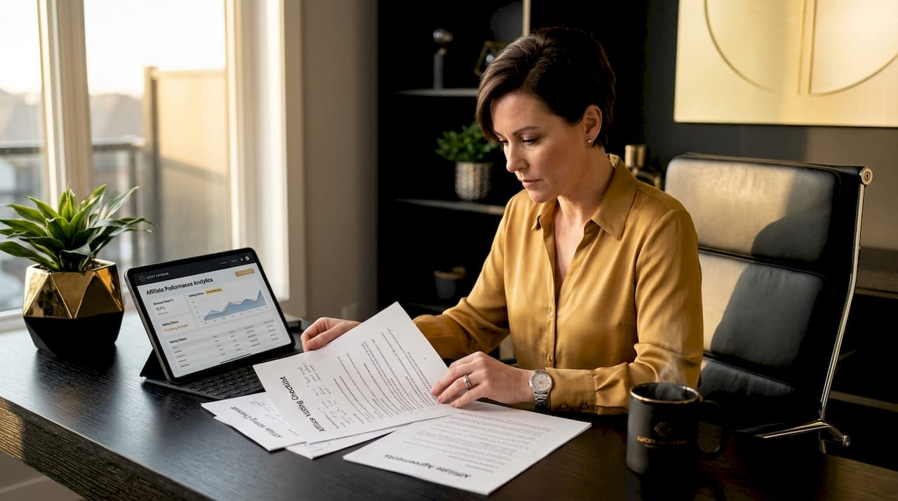 Compliance officer reviewing affiliate vetting documents