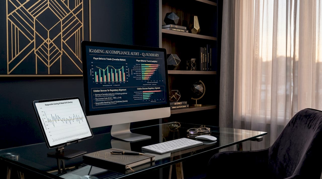 Workspace with screens showing AI research analytics