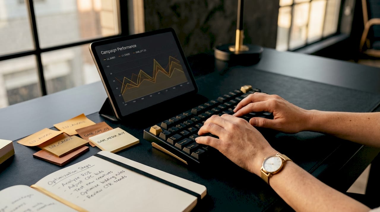 Hands typing with campaign data displayed nearby