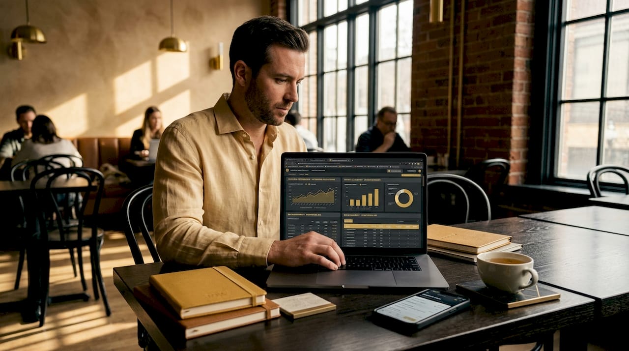 Professional analyzing media buying data on laptop