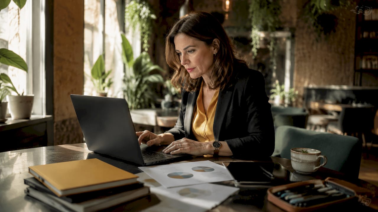 Woman reviewing AI content audit reports at desk