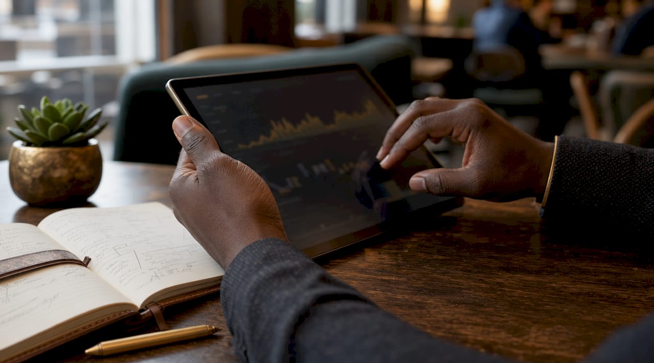 Hands interacting with affiliate tracking tablet