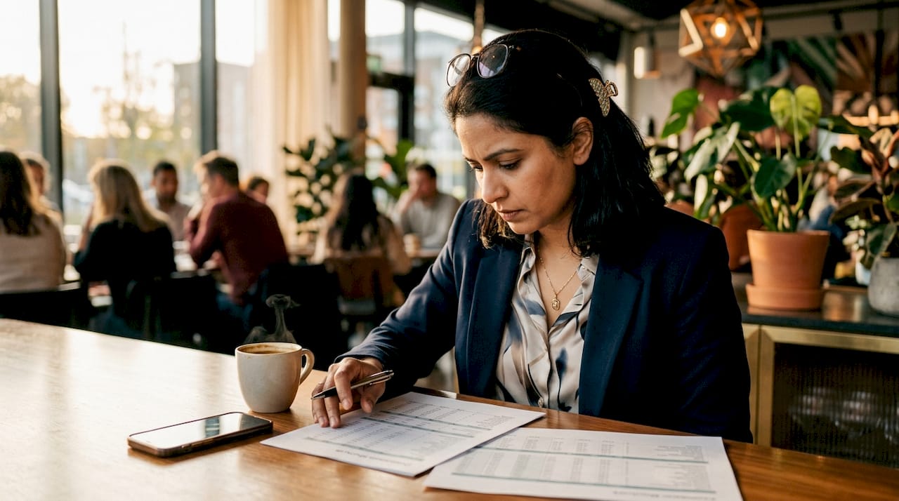 Analyst reviewing hybrid affiliate deals papers