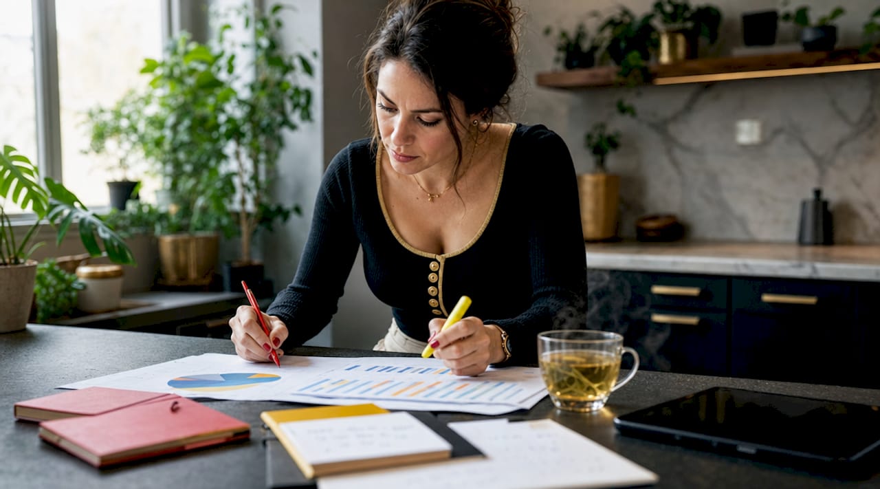 SEO analyst reviewing printed analytics reports