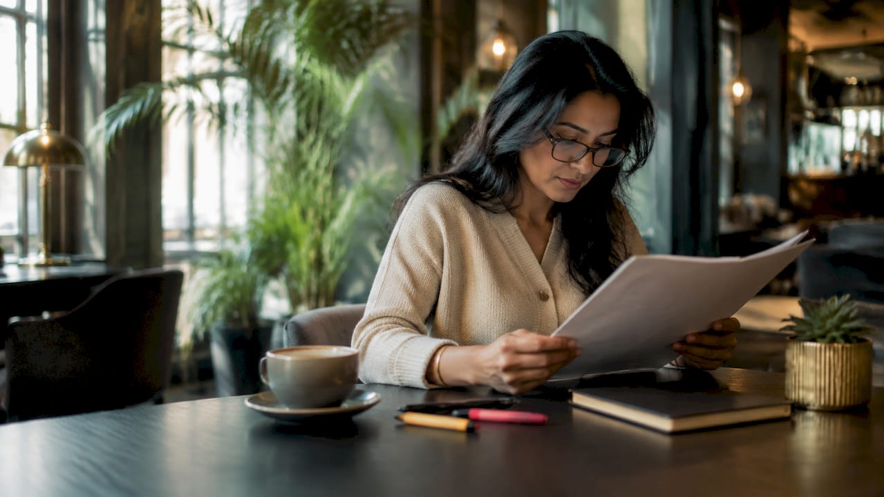 Professional woman reviewing AI curated content on paper